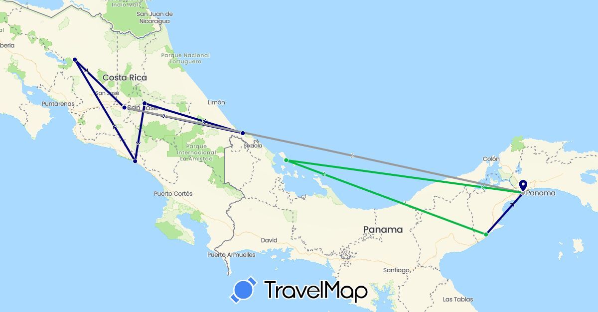 TravelMap itinerary: driving, bus, plane in Costa Rica, Panama (North America)